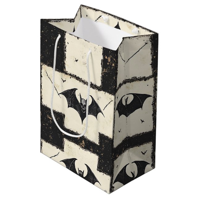 Cream Denim Grunge Patchwork with Bats (3) Medium Gift Bag (Front Angled)