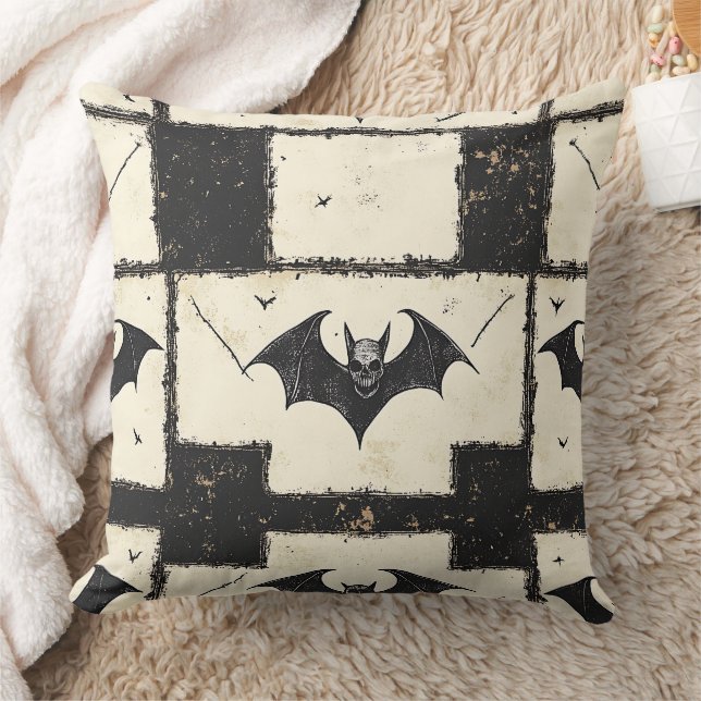 Cream Denim Grunge Patchwork with Bats (3) Throw Pillow (Blanket)