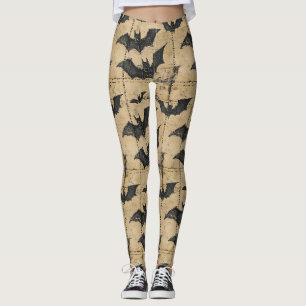 Cream Denim Grunge Patchwork with Bats Leggings