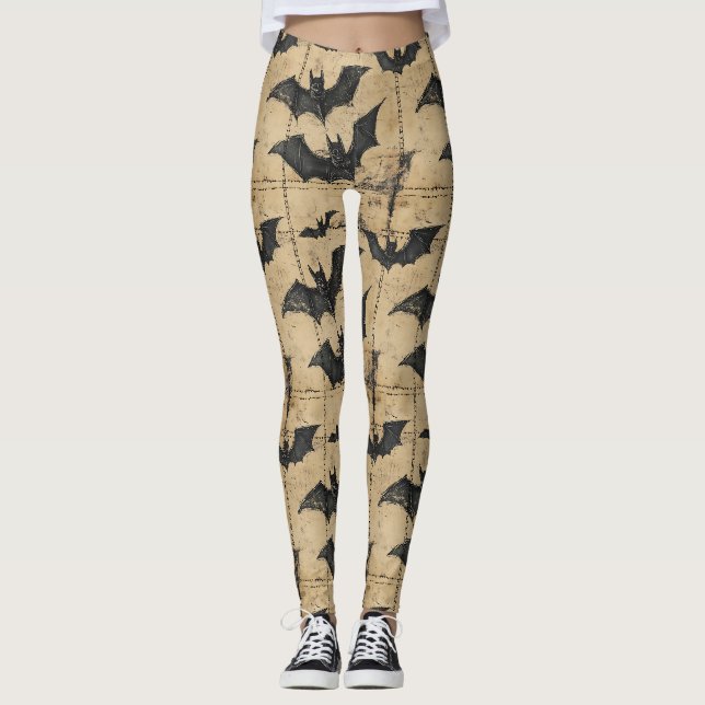 Cream Denim Grunge Patchwork with Bats Leggings (Front)