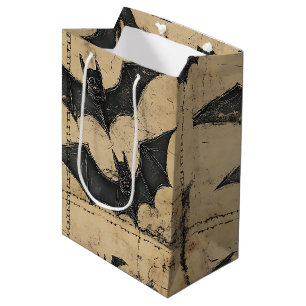 Cream Denim Grunge Patchwork with Bats Medium Gift Bag