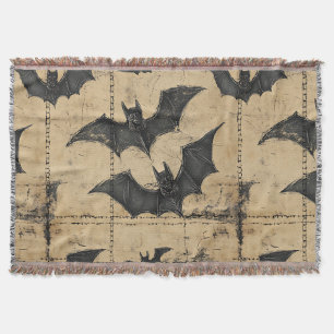 Cream Denim Grunge Patchwork with Bats Throw Blanket
