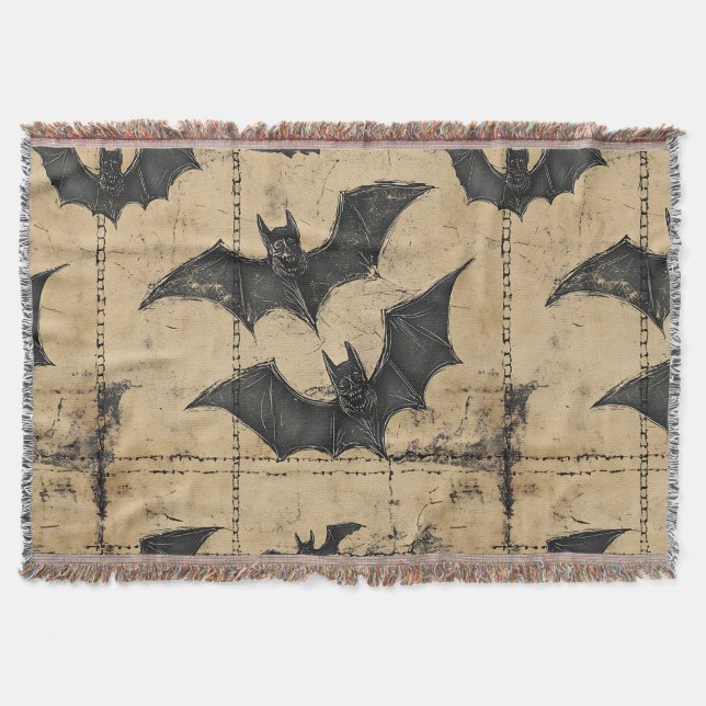 Cream Denim Grunge Patchwork with Bats Throw Blanket (Front)