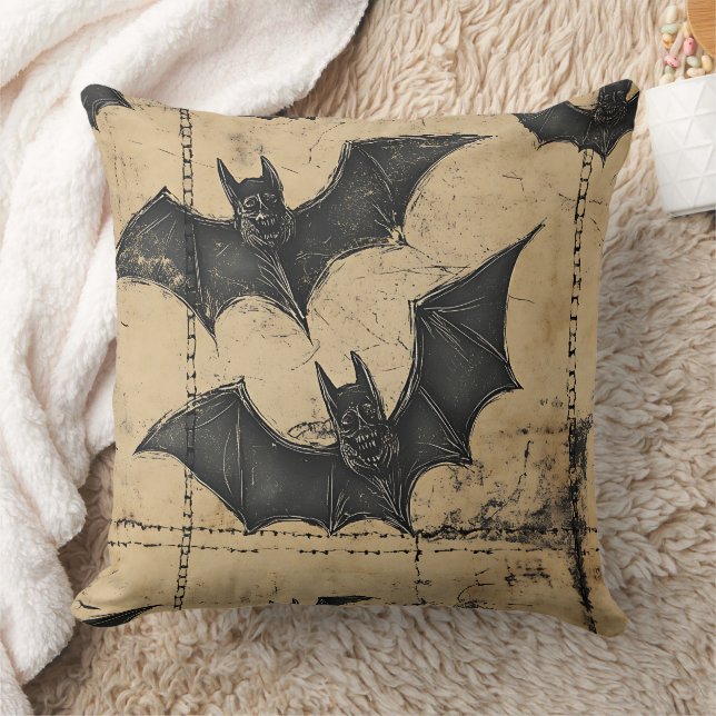 Cream Denim Grunge Patchwork with Bats Throw Pillow (Blanket)