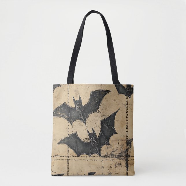 Cream Denim Grunge Patchwork with Bats Tote Bag (Front)