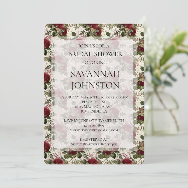 Cream Dragonflies and Roses Bridal Shower Invitation (Standing Front)