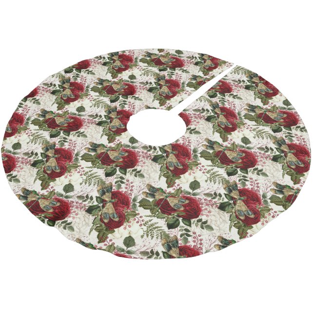 Cream Dragonflies and Roses  Brushed Polyester Tree Skirt (Angled)