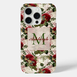 Cream Dragonflies and Roses Monogram iPhone 15 Pro Case