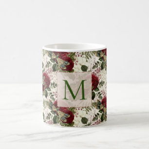 Cream Dragonflies and Roses Monogram Coffee Mug