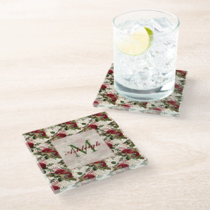 Cream Dragonflies and Roses Monogram Glass Coaster