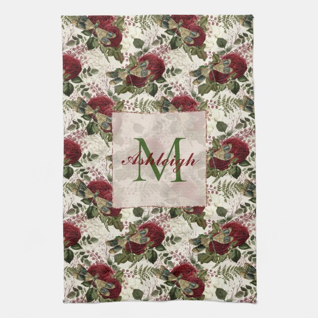 Cream Dragonflies and Roses Monogram Kitchen Towel (Vertical)