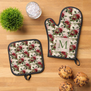 Cream Dragonflies and Roses Monogram Oven Mitt & Pot Holder Set