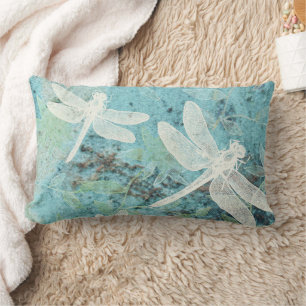 Cream Dragonflies Blue Green Pattern Lumbar Pillow