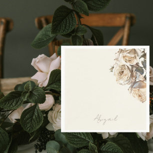 Cream Dried White Roses Personalized Name Shower Napkin