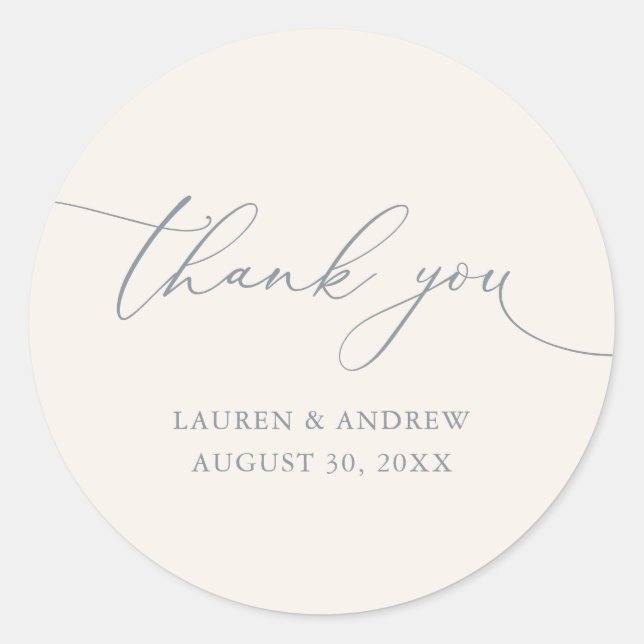 Cream Dusty Blue Grey Minimalist Wedding Thank You Classic Round Sticker (Front)