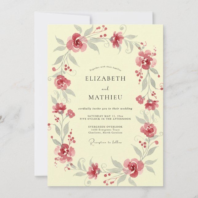 Cream Dusty Red Vine Wedding Invitation (Front)