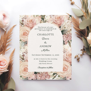 Cream dusty rose mauve florals wedding invitation