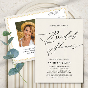Cream Elegant Script Modern Simple Bridal Shower Invitation Postcard