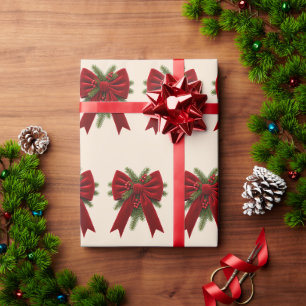 Cream Elegant Velvet Bow & Berry Christmas Wrapping Paper