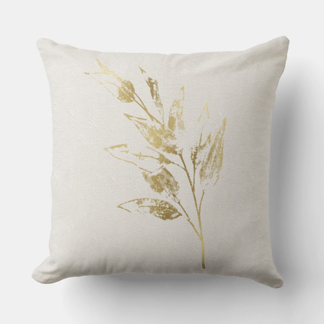 Cream embroidered texture with gold leaf throw pillow (Front)