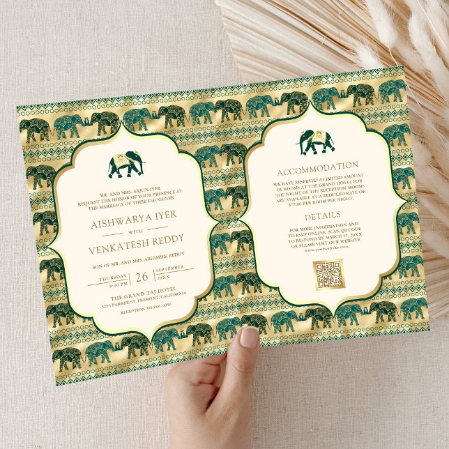 Cream Emerald Green Gold Elephant Indian Wedding Invitation (Creator Uploaded)