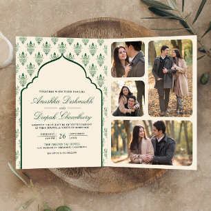 Cream Emerald Green Ikat All in One Indian Wedding Invitation