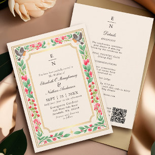 Cream Enchanting Botanical Floral Wedding QR Code Invitation