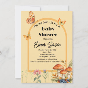 Cream Fall Woodland Butterfly Mushroom Baby Shower Invitation