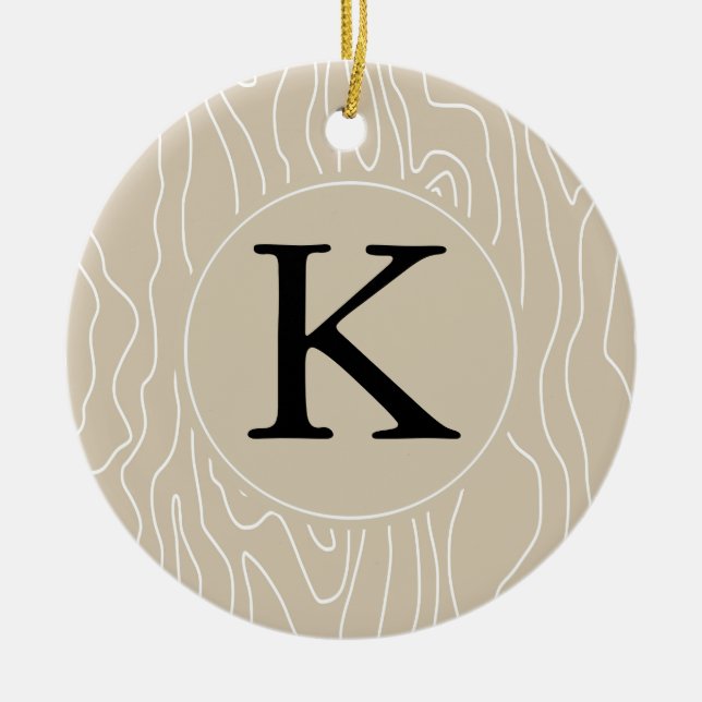 Cream Faux Wood monogram Ceramic Ornament (Front)