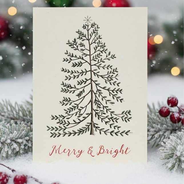 Cream Festive Merry Christmas Winter Tree Holiday Card (Merry and Bright Christmas Card in Ivory. Hand Drawn Simple Winter Tree Illustration in Black Ink)