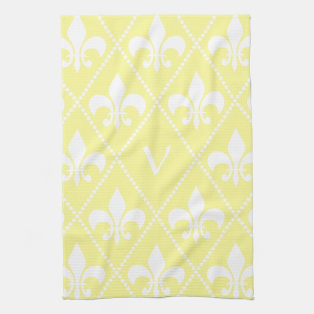 Cream Fleur de Lis with monogram initial Kitchen Towel (Vertical)