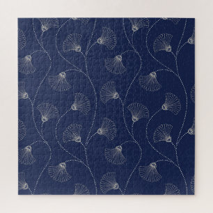 Cream Floral Art Nouveau Indigo Jigsaw Puzzle