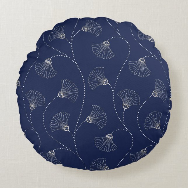 Cream Floral Art Nouveau Indigo Round Pillow (Front)