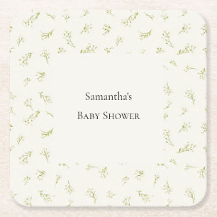 Cream Floral Baby Shower Square Paper Coaster