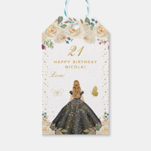 Cream Floral Blonde Hair Girl Happy Birthday Gift Tags
