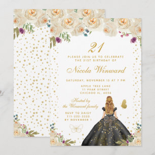 Cream Floral Blonde Hair Princess Birthday Party Invitation