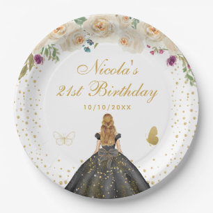 Cream Floral Blonde Hair Princess Birthday Party Paper Plate