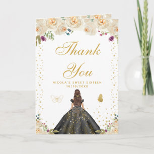 Cream Floral Brunette Hair Girl Sweet Sixteen Thank You Card