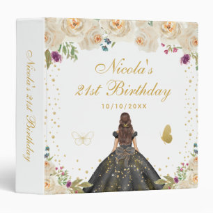 Cream Floral Brunette Hair Princess Birthday Party Binder