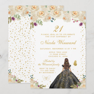 Cream Floral Brunette Hair Princess Birthday Party Invitation