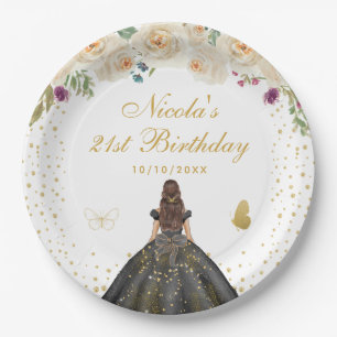 Cream Floral Brunette Hair Princess Birthday Party Paper Plate