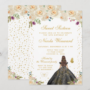 Cream Floral Brunette Hair Princess Sweet Sixteen Invitation