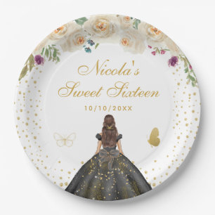Cream Floral Brunette Hair Princess Sweet Sixteen Paper Plate