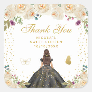 Cream Floral Brunette Hair Princess Sweet Sixteen Square Sticker