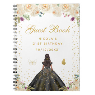 Cream Floral Dark Skin Princess Birthday Party Notebook