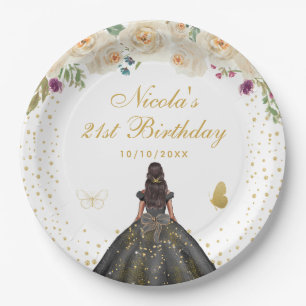 Cream Floral Dark Skin Princess Birthday Party Paper Plate