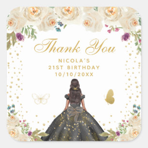 Cream Floral Dark Skin Princess Birthday Party Square Sticker