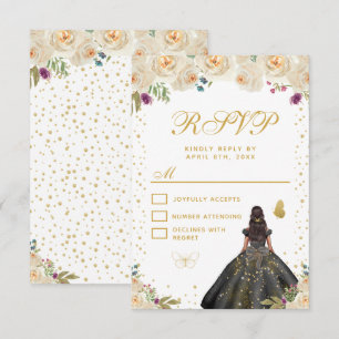 Cream Floral Dark Skin Princess Sweet Sixteen RSVP Card
