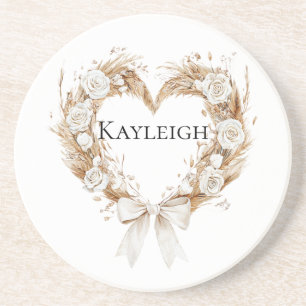 Cream Floral Heart Wreath Coaster