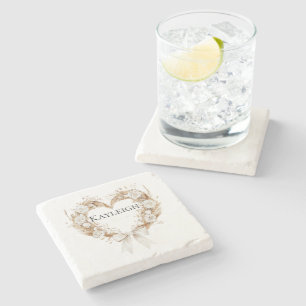 Cream Floral Heart Wreath Stone Coaster